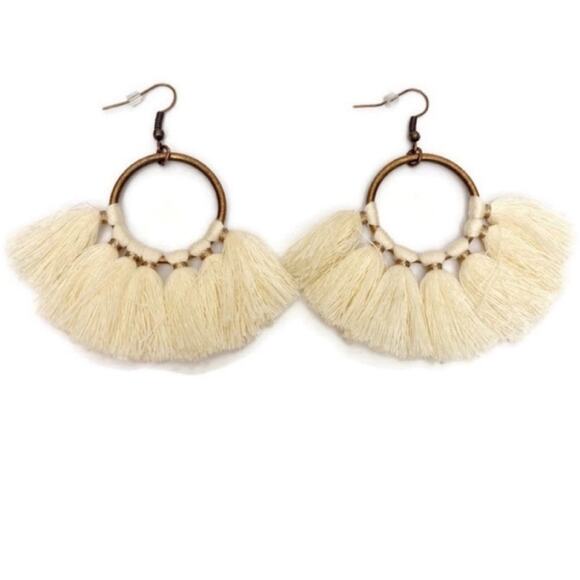 Cream Tassel Round Drop Earrings - Picture 1 of 3